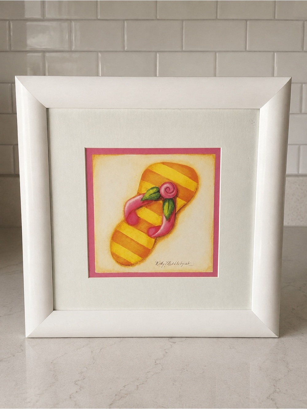 Kathy Middlebrook Framed Flip Flop Art Print 14x14 Coastal Beach Decor